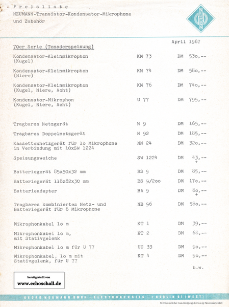 Neumann Preisliste Mikrofon April 1967 deutsch
