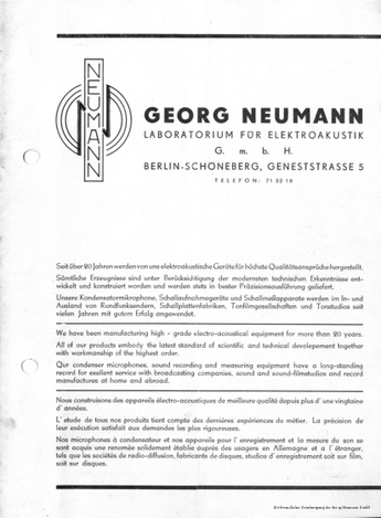 Neumann Katalog Mikrofone 1949 deutsch english français