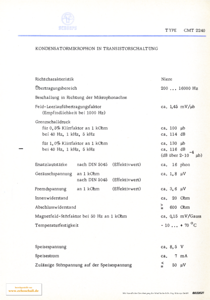 Schoeps Prospekt CMT2240 Mikrofon 1966 deutsch