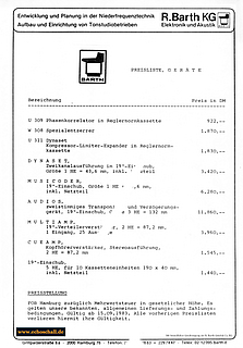 Barth Preisliste Studiogeräte Zubehör 1984 deutsch