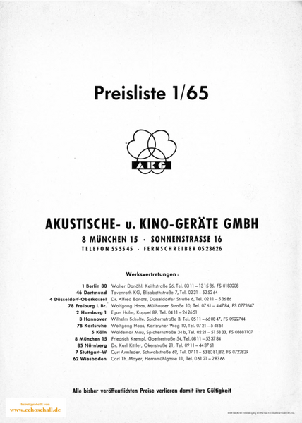 AKG Preisliste Mikrofone 1965 deutsch
