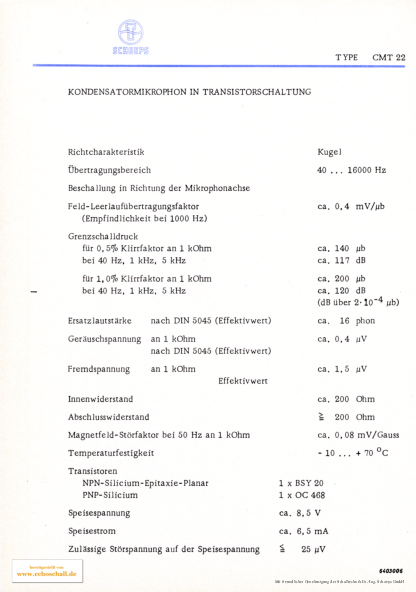 Schoeps Prospekt CMT22 Mikrofon 1964 deutsch