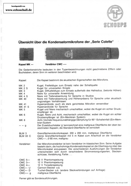 Schoeps Übersicht Colette-Serie deutsch