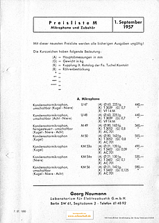 Neumann Preisliste Mikrofone 1957 deutsch