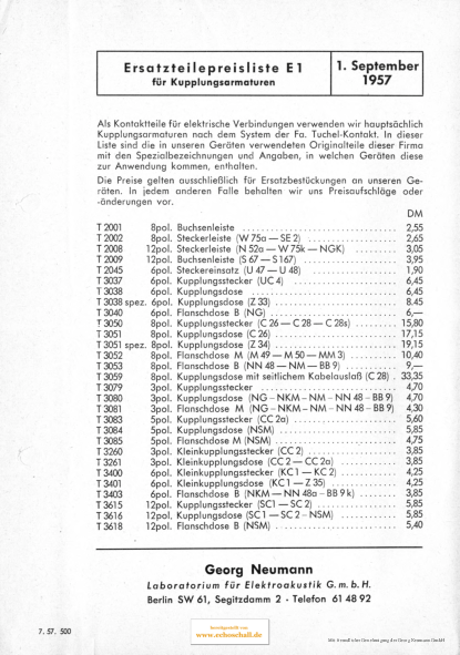 Neumann Preisliste Ersatzteile für Kupplungsarmaturen 1957 deutsch