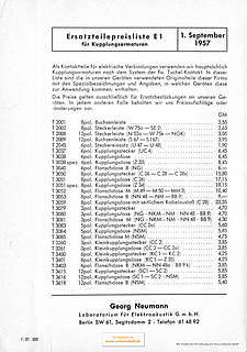 Neumann Preisliste Ersatzteile für Kupplungsarmaturen 1957 deutsch