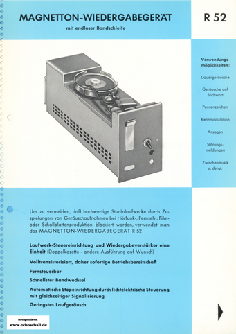 EAB Prospekt R52 Tonbandgerät Endlosbandschleife deutsch