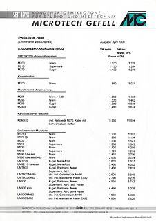 Microtech Gefell Preisliste Mikrofone 2000 deutsch