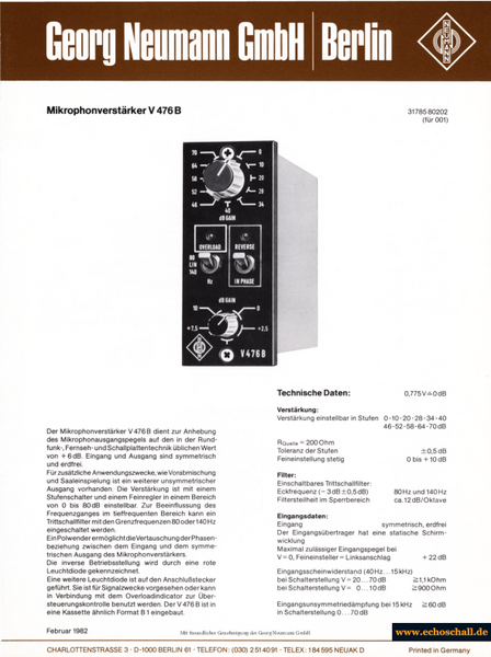 Neumann Prospekt V476B Mikrofonverstärker Mic Preamps 1982 deutsch