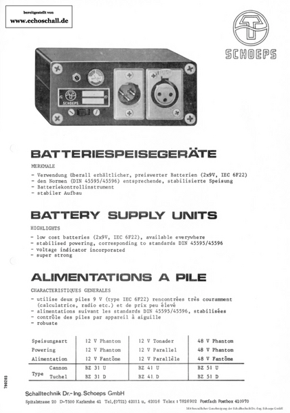 Schoeps Prospekt BZ31 BZ41 BZ51 Batteriespeisegeräte 1979 deutsch