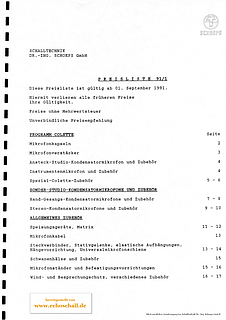 Schoeps Preisliste Mikrofone 1991 deutsch