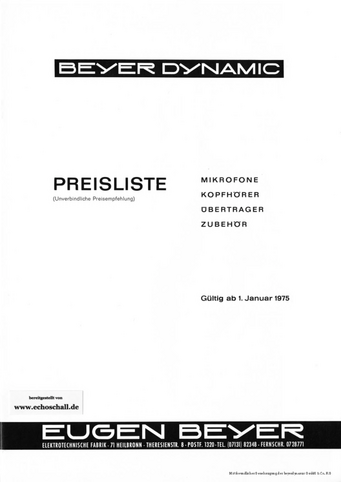 Beyer Dynamic Preisliste 1975 deutsch