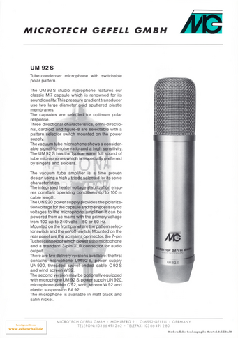 Microtech Gefell Brochure UM92s Microphone english