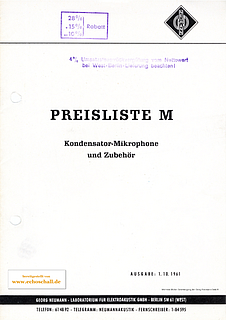 Neumann Preisliste Mikrofone 1961 deutsch