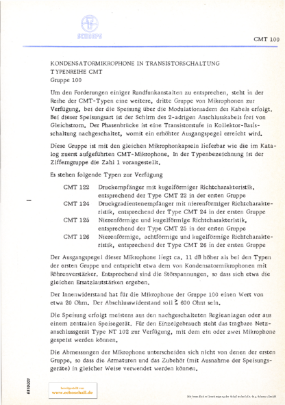 Schoeps Prospekt CMT100 Typenreihe 1965 deutsch