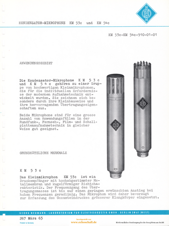 Neumann Prospekt KM53c KM54c Mikrofone 1965 deutsch