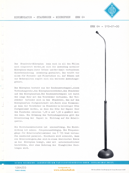 Neumann Prospekt SRM64 Standrohrmikrofon 1964 deutsch